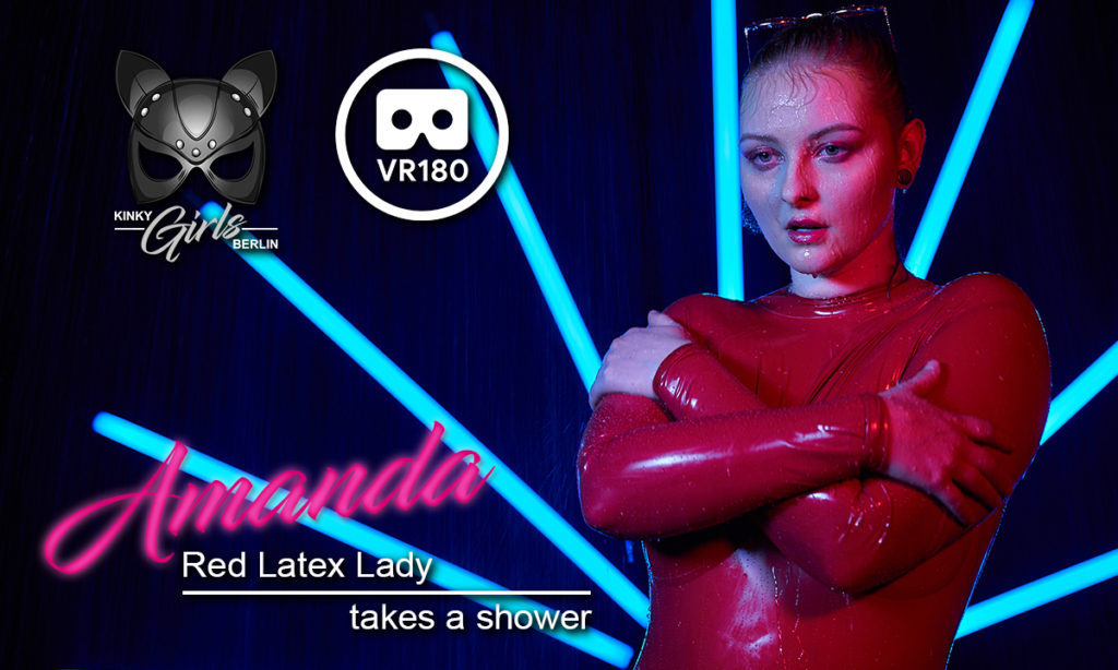 Red Latex Lady Takes A Shower